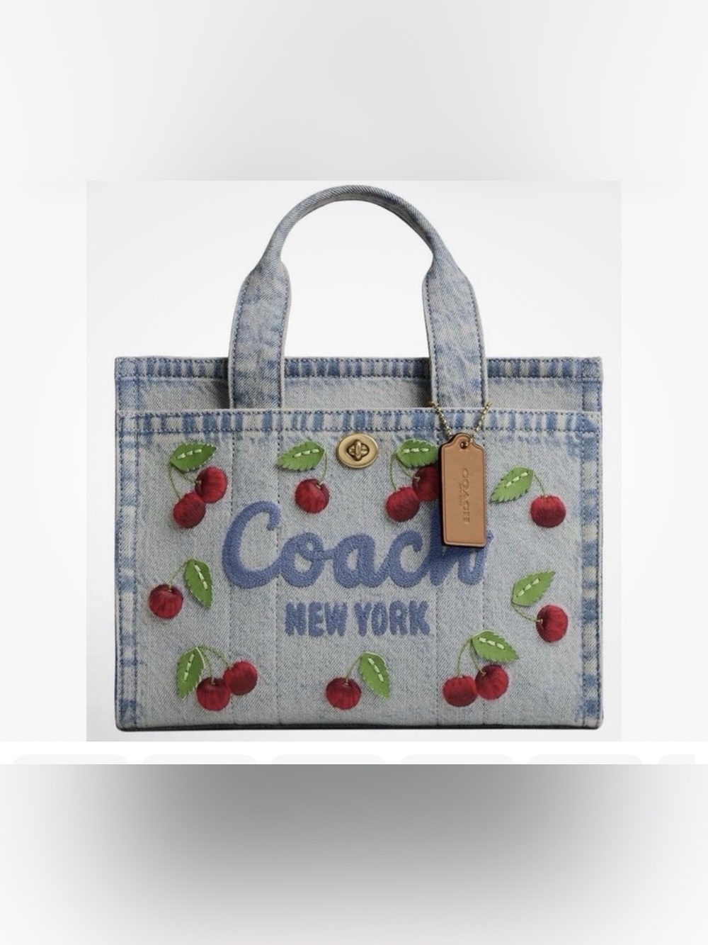 🍒Coach NWT Loved Denim Cargo Tote 26 with Embroidered Cherry Print
